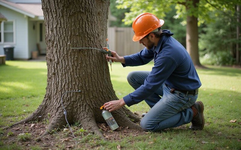 Close-up of arborist applying trunk injection treatment to protect tree from insect damage