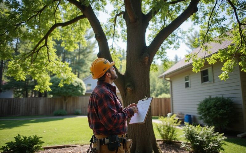 Arborist assessing a large tree before removal in a Duluth residential yard