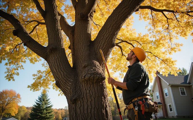 Arborist inspecting maple tree canopy structure