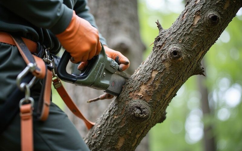 Arborist making proper pruning cut on mature tree branch using ISA standards