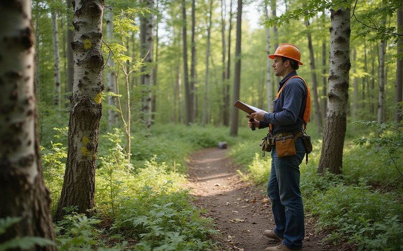 Arborist marking trees for preservation during residential lot clearing planning in Duluth