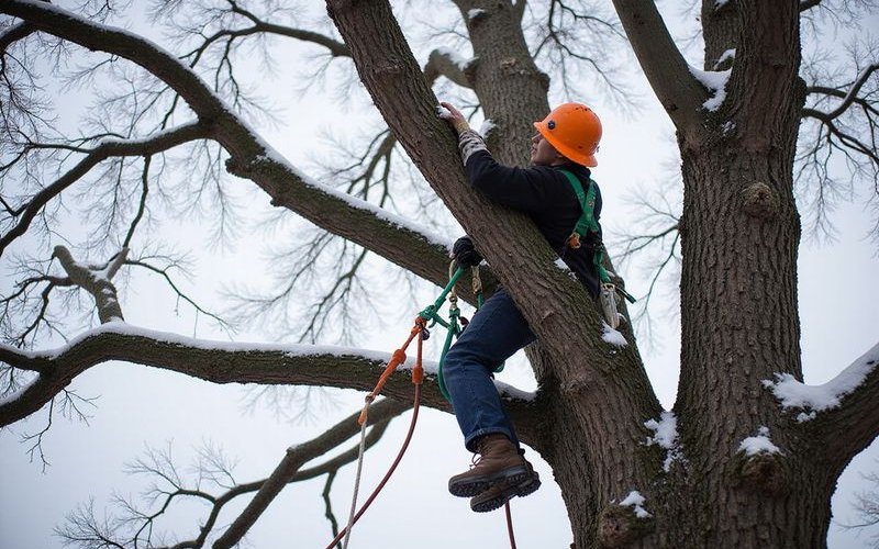 Arborist pruning dormant tree in late winter
