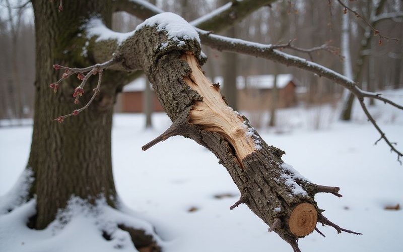 Broken branch from winter storm damage found during spring assessment