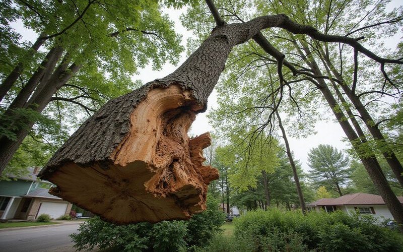 Broken tree limb hanging in canopy after storm