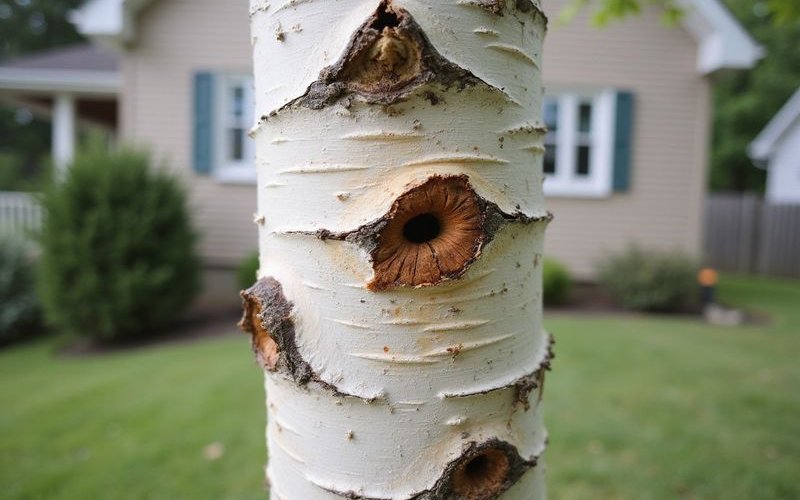 Bronze birch borer damage visible on white birch trunk bark