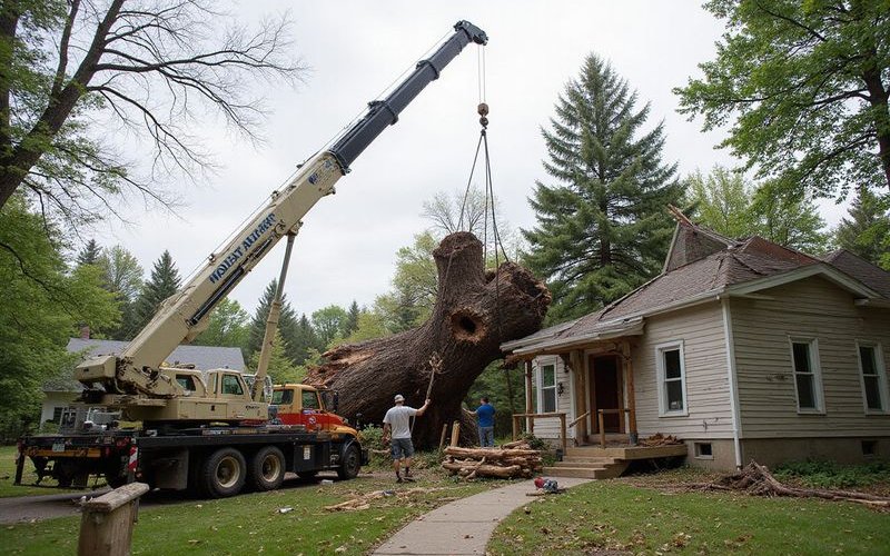 Crane-assisted removal of large uprooted tree after major storm in Duluth neighborhood