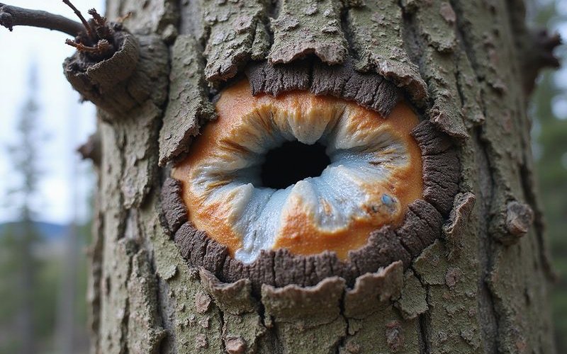 Cytospora canker showing resin bleeding on a spruce tree trunk