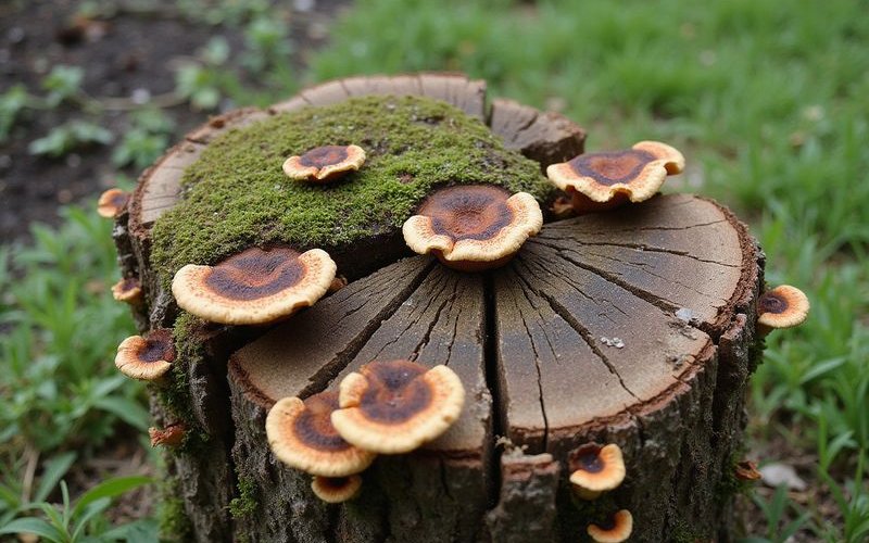 Decaying tree stump showing fungal growth and insect damage
