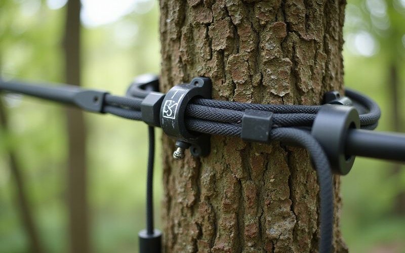 Close-up of dynamic cable system properly attached to tree using non-invasive sling hardware