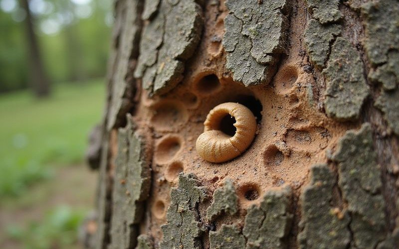 D-shaped exit holes on ash tree bark caused by emerging emerald ash borers