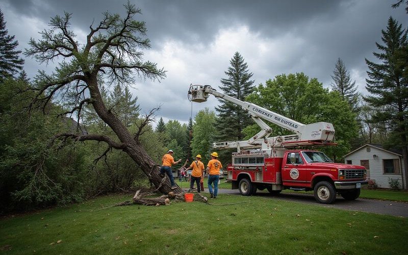 Emergency crew responding to storm-damaged tree on residential property in Duluth