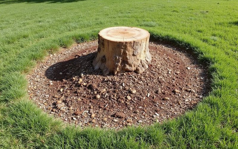 Completed stump grinding area with wood chips filling the hole