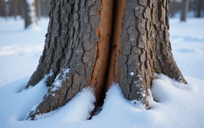 Frost crack visible on the trunk of a mature maple tree during winter
