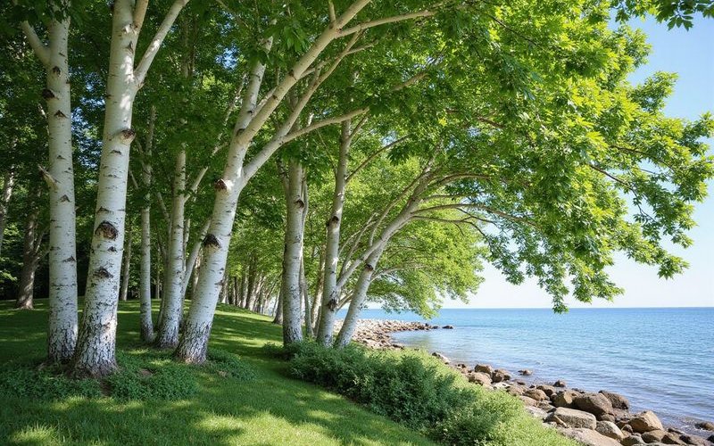 Healthy paper birch stand along the shore of Lake Superior