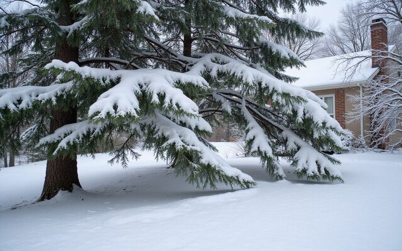 Heavy snow accumulation weighing down evergreen tree branches in Duluth