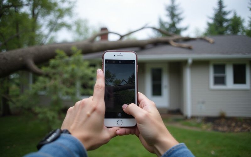 Homeowner documenting tree damage with phone camera
