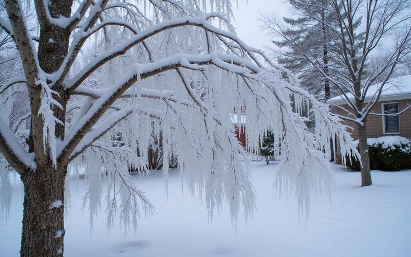 Ice covered branches weighing down a birch tree