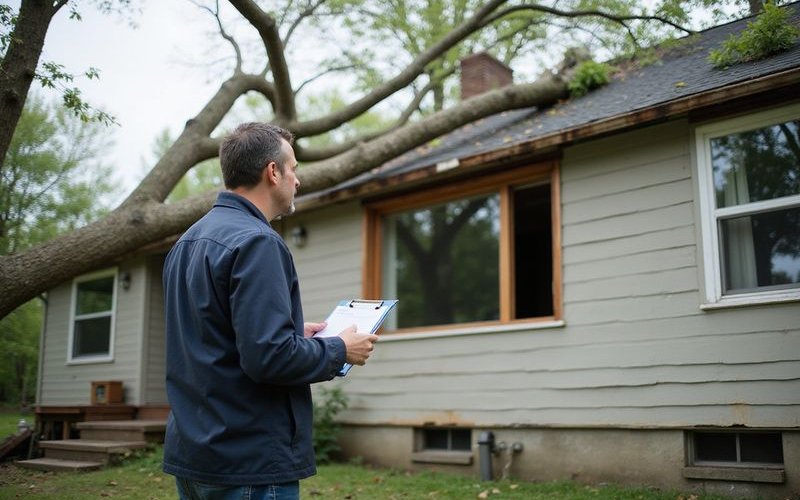 Insurance adjuster inspecting storm damaged property