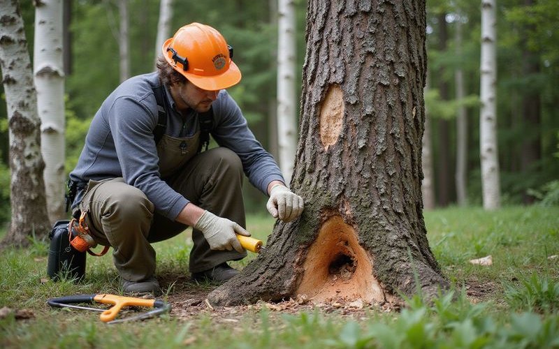 ISA Certified Arborist conducting detailed tree health assessment examining trunk and root zone