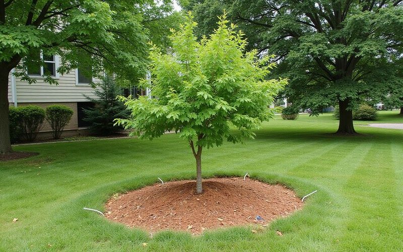 New tree planted near a former stump grinding location in a Duluth yard