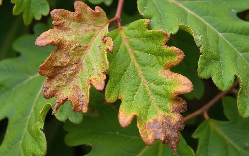Oak wilt leaf symptoms showing characteristic browning from edges inward