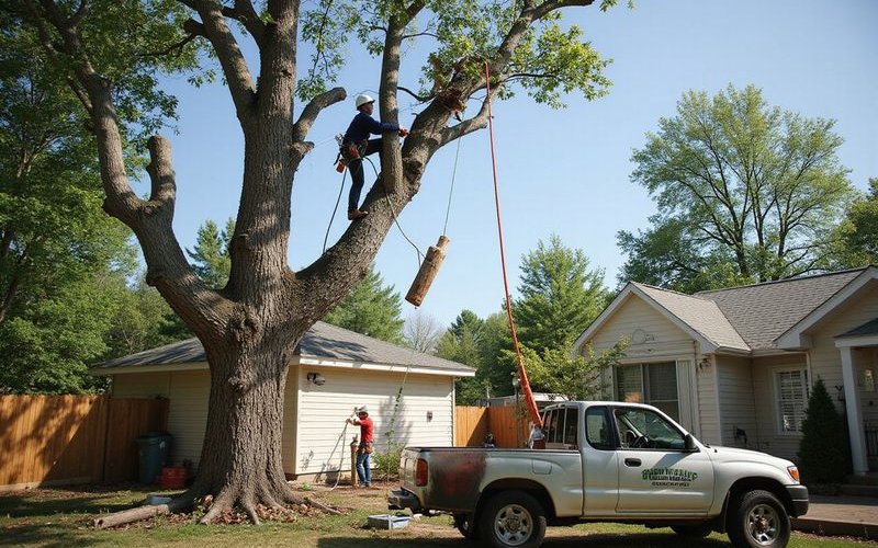 Professional arborist using rigging equipment in tree