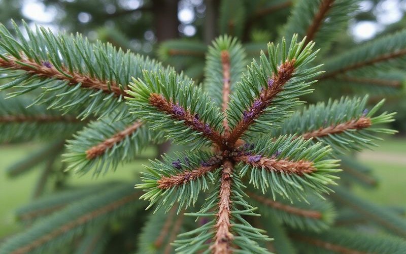 Rhizosphaera needle cast showing purple-brown discoloration on spruce needles