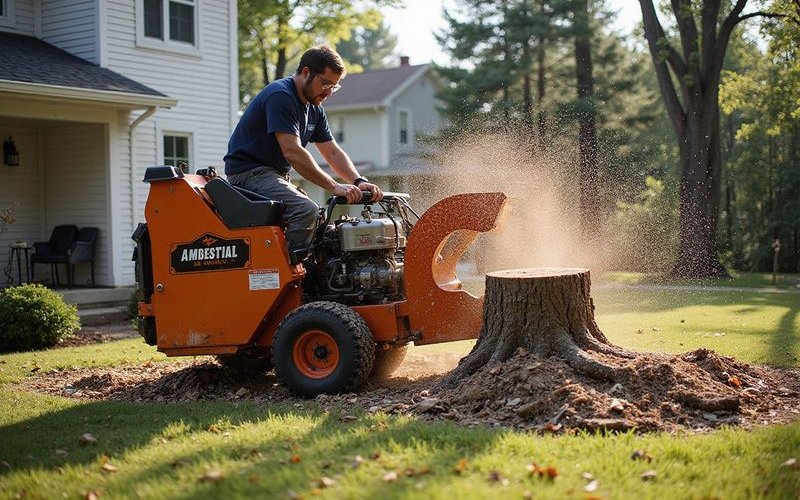 Stump grinder machine working on a large tree stump in a residential yard