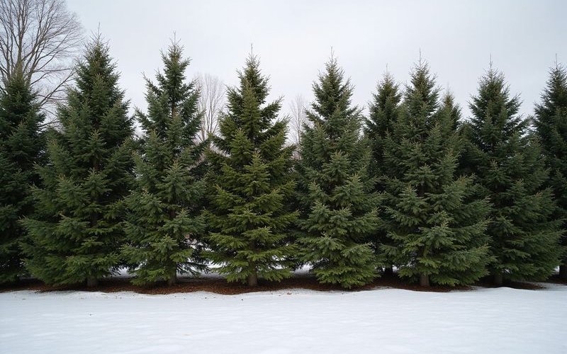 White spruce trees forming an effective evergreen windbreak in northern Minnesota