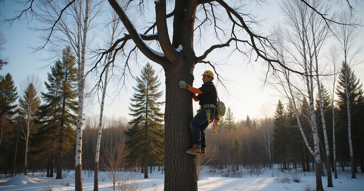 Snow-dusted trees in a Duluth neighborhood during late winter, the ideal pruning season for most species