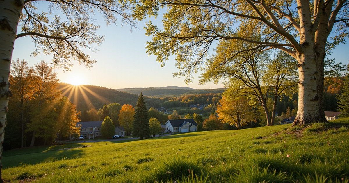 Beautiful mature trees in a Duluth residential landscape with Lake Superior visible in the background