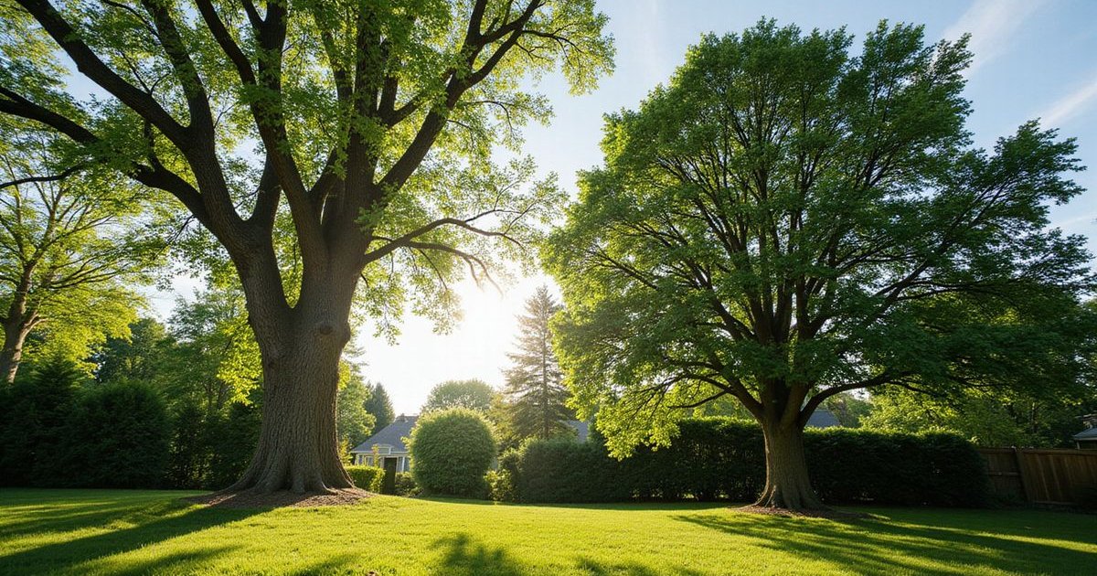 Side-by-side illustration showing the difference between crown thinning and crown raising on mature trees
