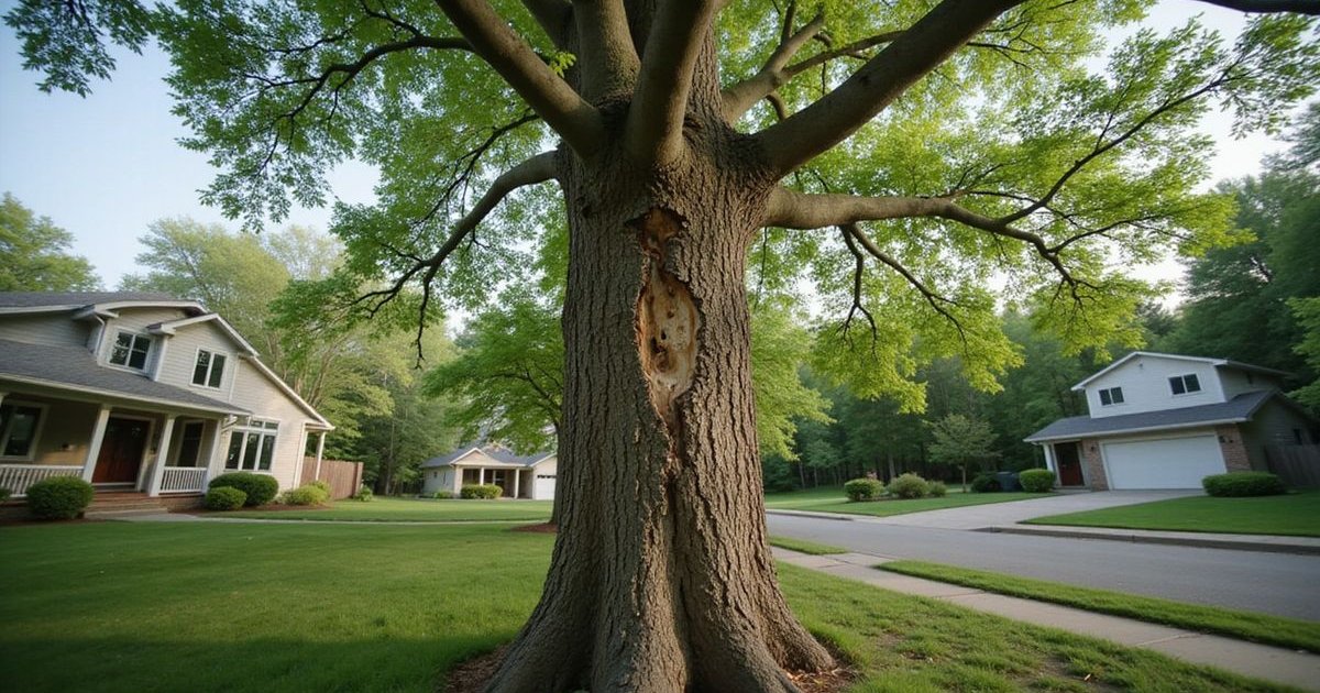 Close-up of emerald ash borer damage on an ash tree trunk in a Duluth neighborhood