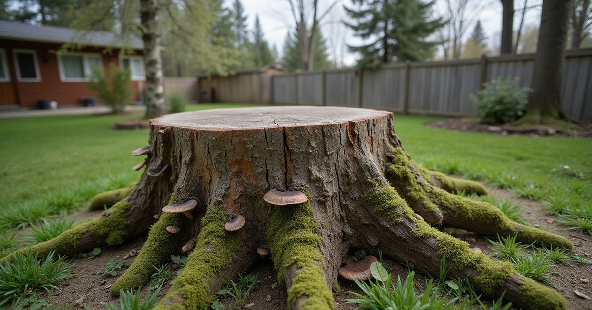 Weathered tree stump in a Duluth backyard surrounded by grass and fallen leaves