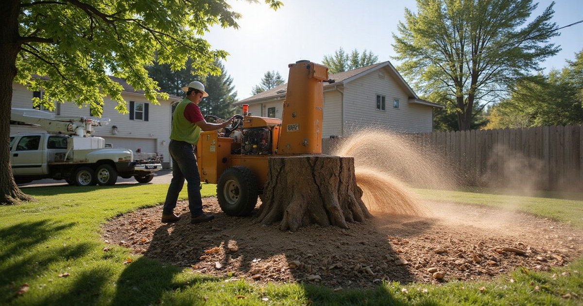 Professional stump grinding machine removing a large tree stump in a Duluth residential yard