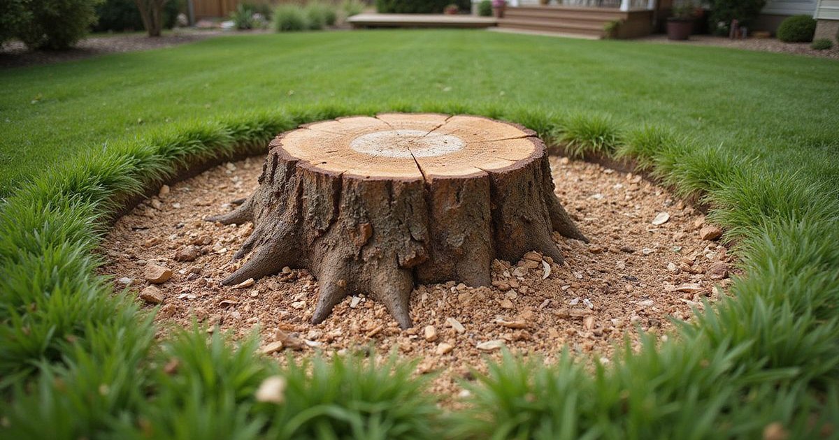 Freshly ground stump area being filled with topsoil and seeded for lawn restoration in a Duluth yard