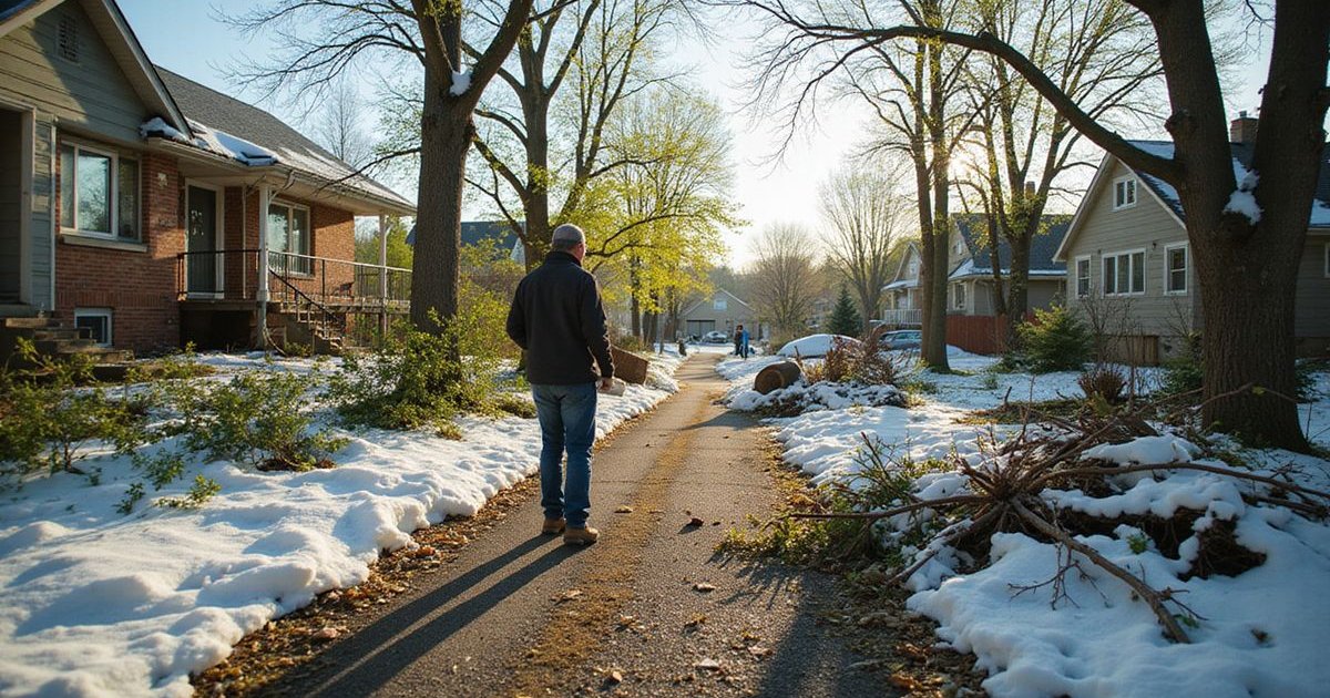 Homeowner inspecting a deciduous tree in early spring with buds beginning to emerge in a Duluth yard