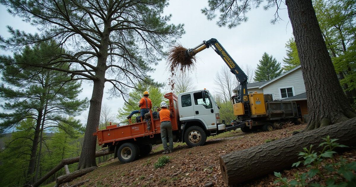 Professional tree removal crew working on a large tree in a Duluth, MN residential yard