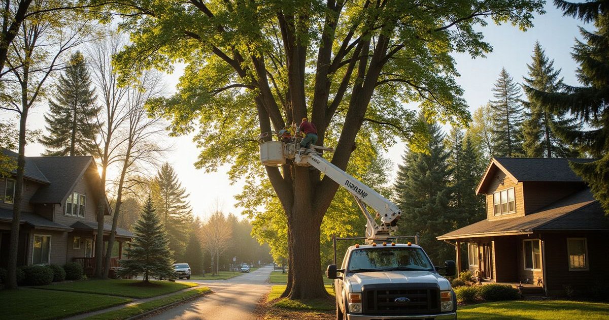 Arborist carefully trimming branches on a mature maple tree in a Duluth neighborhood
