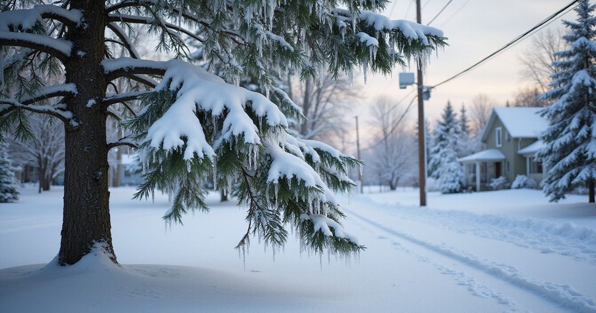 Snow-covered birch and spruce trees in a Duluth residential yard during a Minnesota winter